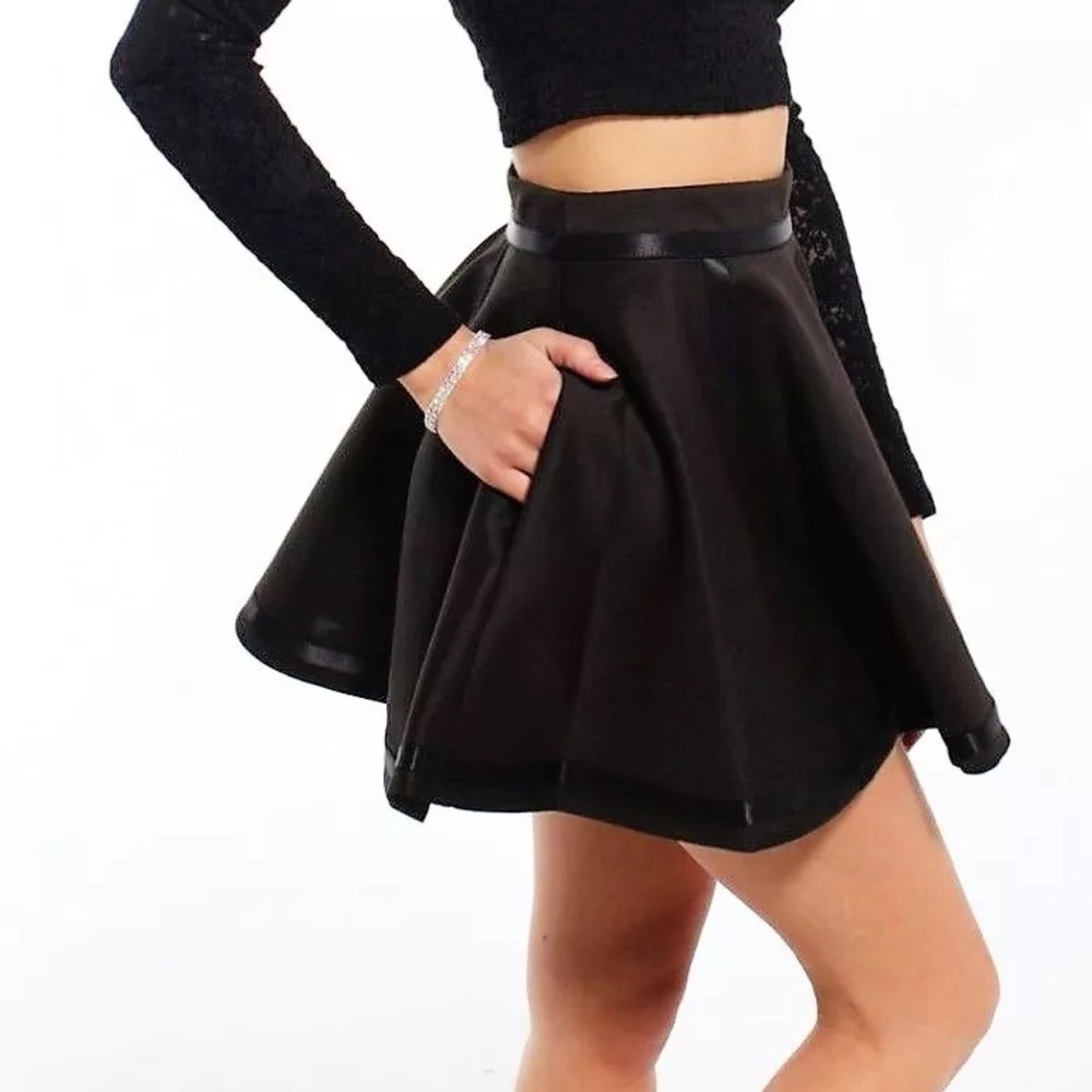 Hunt No More Flared A-line Pocket Black Neoprene High Waist Skirt